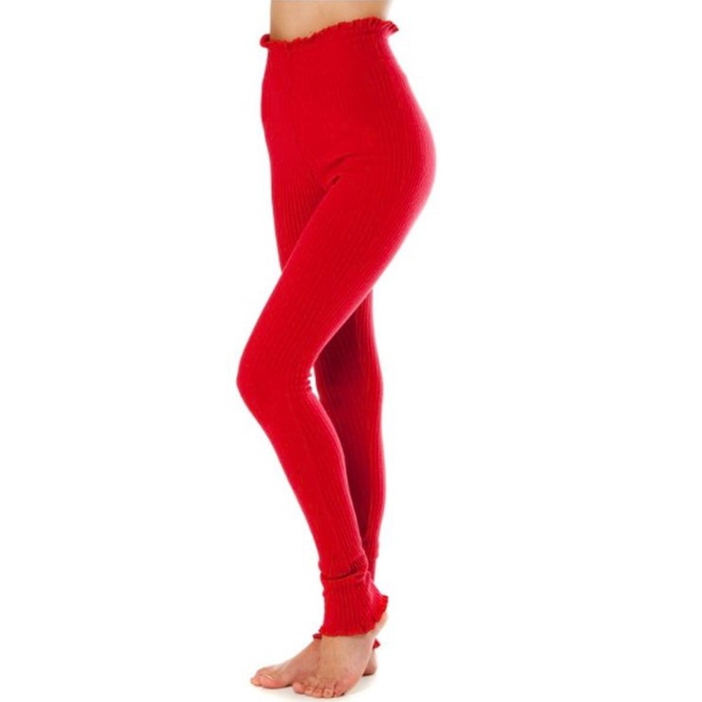 NWT ARE YOU AM Tiiu Women's Cotton Spandex Ribbed Ruffle Leggings - Red / XS